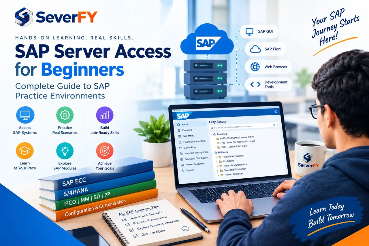 SAP Server Access for Beginners — learner working in an SAP Easy Access screen on a laptop with SAP GUI, Fiori, browser and development tool access