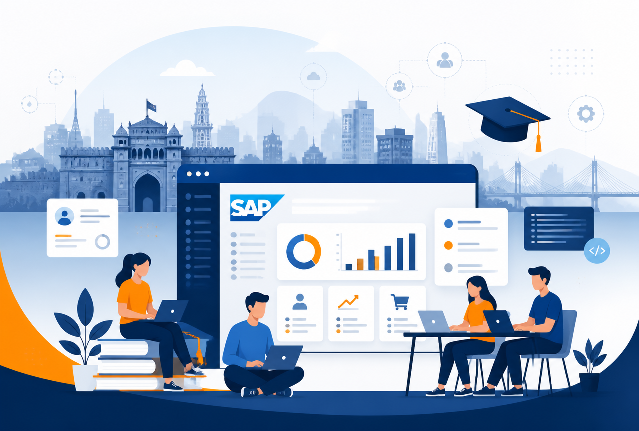 SAP training institutes in Pune 2026 — students learning SAP with Pune skyline and SAP dashboard