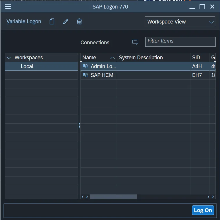 SAP Logon 770 window showing a ServerFY connection entry with system description and system ID